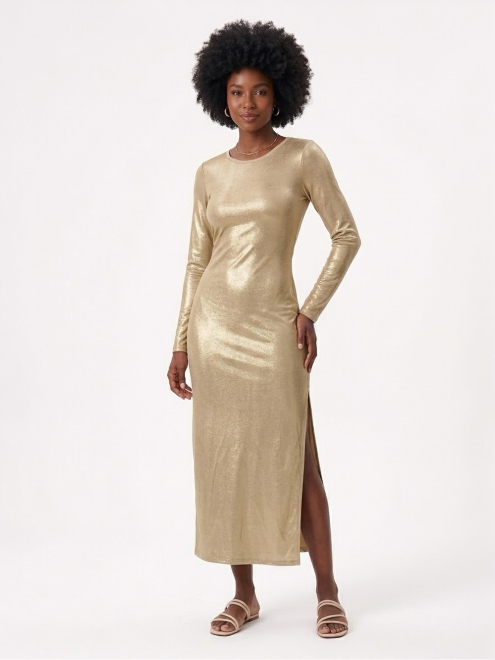 Gold Long Sleeve Metallic Maxi Dress with Thigh Slit